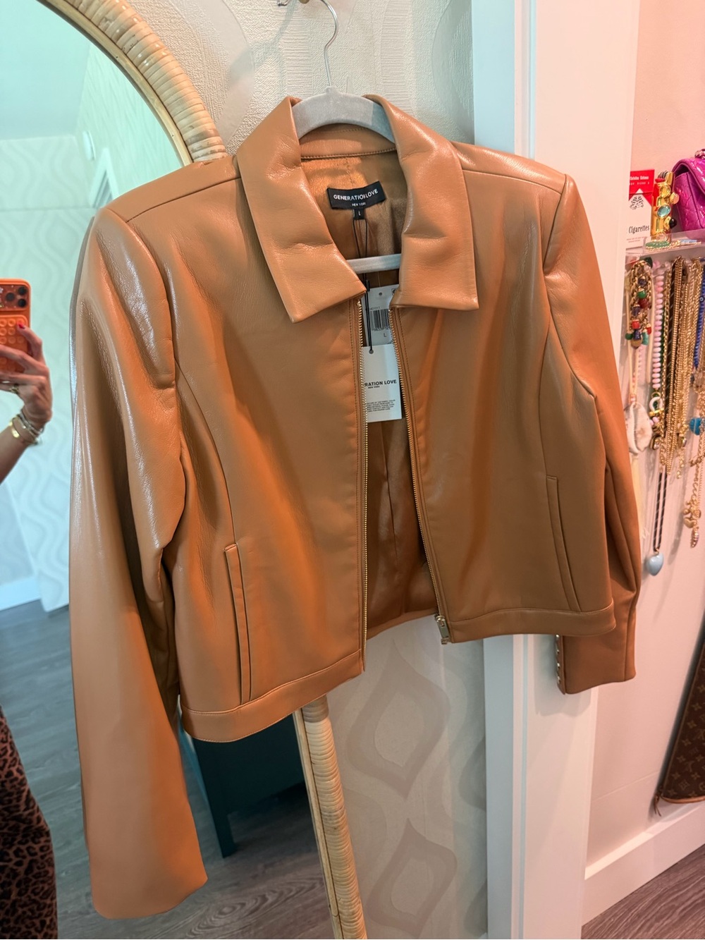 Generation Love Cognac Faux Leather Cropped Jacket SZ L